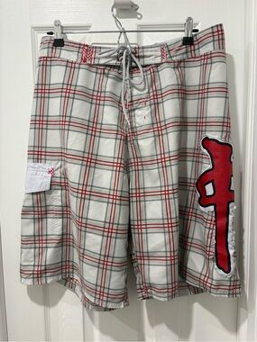 RDS Plaid Swim Trunks with Red Graphic red dragon size 34. Y2K